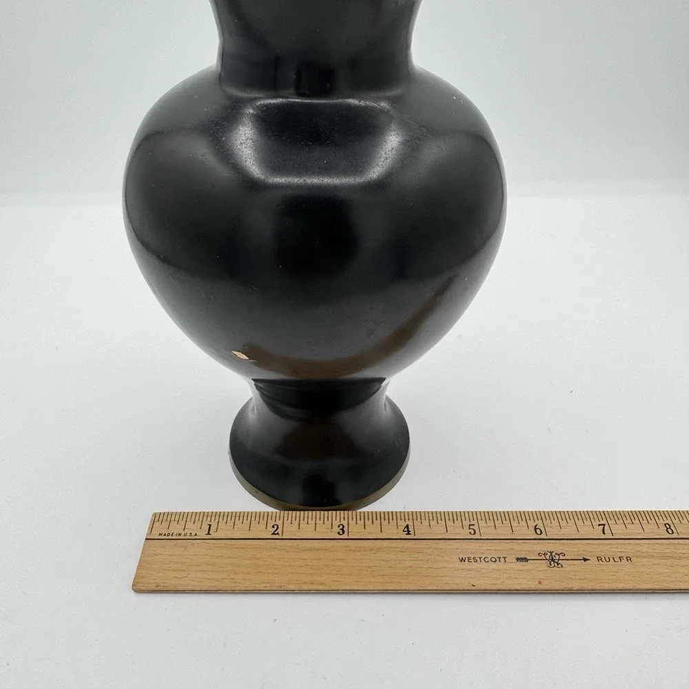 Vintage Korean Black Lacquered Brass Vase Mother of Pearl Inlaid Floral